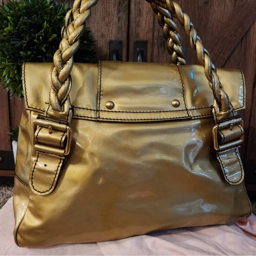 🟠NWT VALENTINO GARAVANI Histoire Braided Handle Patent Leather Satchel in Gold